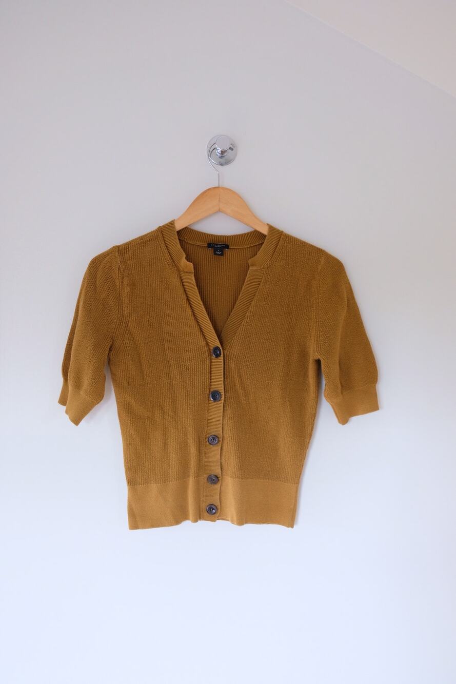 Ann Taylor Factory Ribbed Cardigan Womens S Mustard Gold Short Sleeve V-Neck